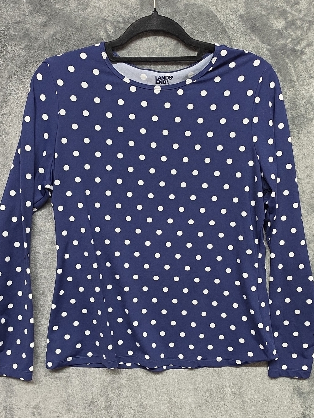Lands' End Navy and White Polka Dot Long Sleeve Tee Sz MED